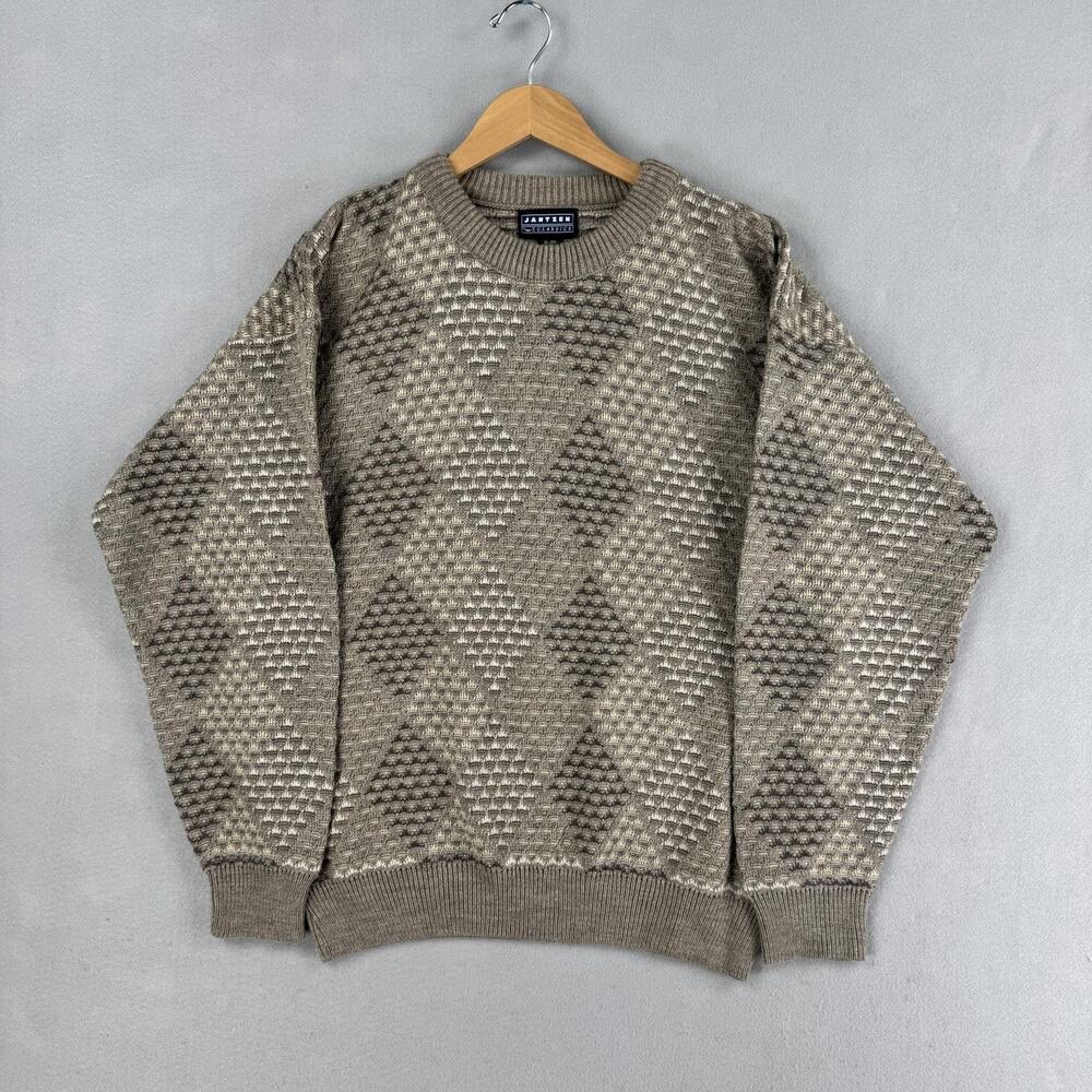 Vintage Jantzen Sweater Mens XL Beige Argyle Knit Crewneck Pullover Classic